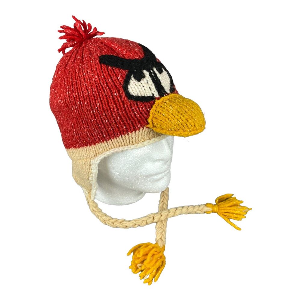 Angry Birds Beanie Crochet Hand made Wool blend Hat Cap Red Yellow Tassels